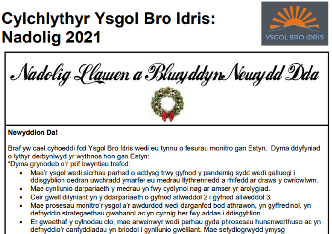 Cylchlythyr Nadolig 2021 Ysgol Bro Idris